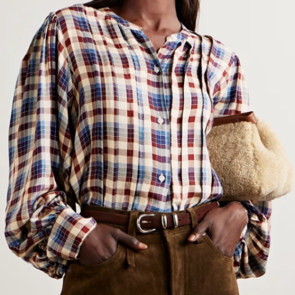 DÔEN Checked Harlow Plaid Blouson-Sleeve Blouse ~